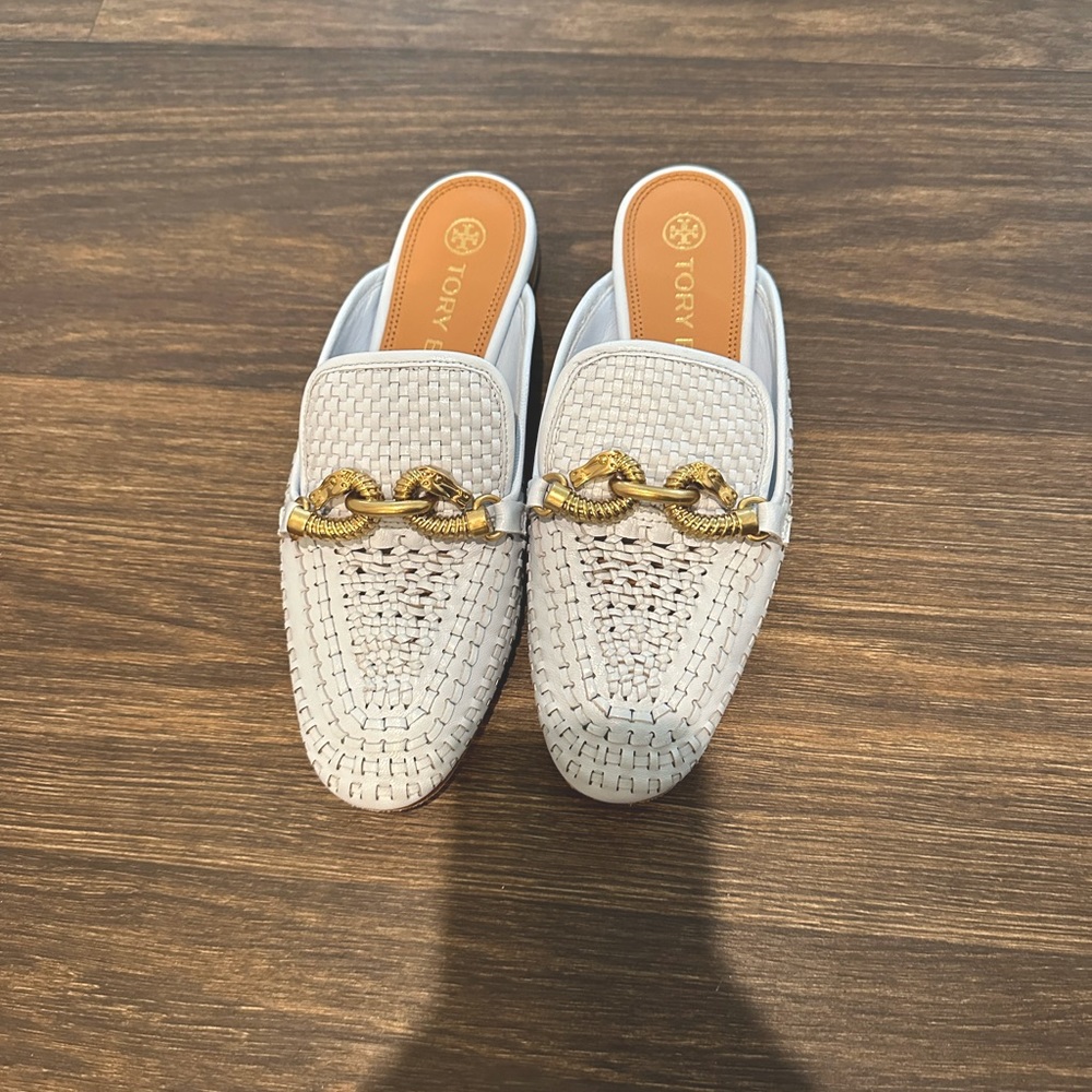 TORY BURCH Jessa Woven Horsebit Loafers Mules Blue Leather Size 6.5